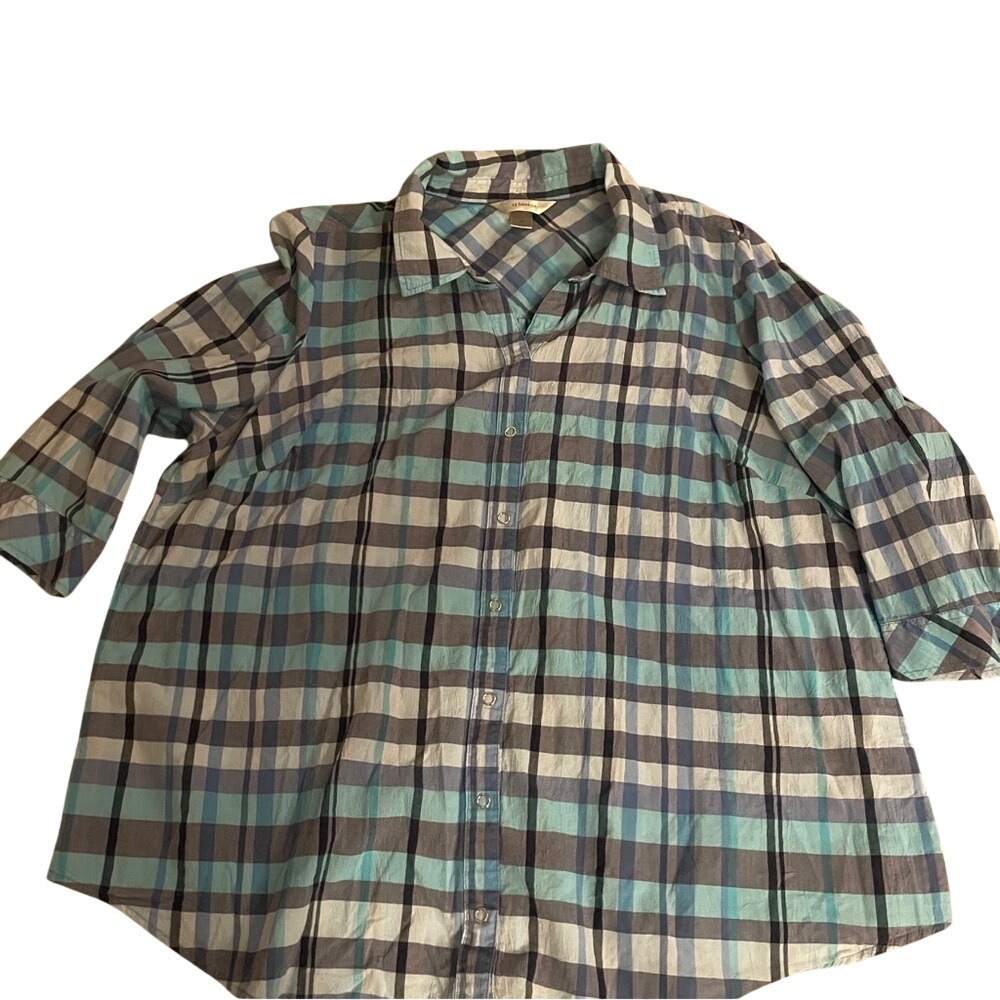 CJ Banks Blue Grey Plaid Snap Front 3/4 Sleeve Shirt Women 2X